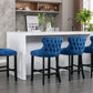 Emilia - Set of 2 - 27" Blue Velvet Upholstered Wing-Back Bar Stools with Button Tufted Decoration and Wooden Legs, Chrome Nailhead Trim