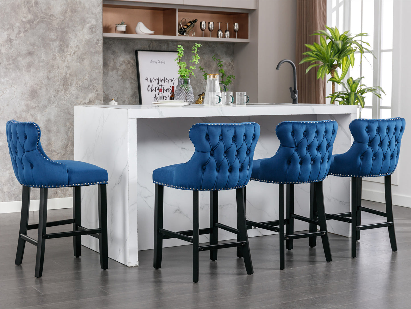 Emilia - Set of 2 - 27" Blue Velvet Upholstered Wing-Back Bar Stools with Button Tufted Decoration and Wooden Legs, Chrome Nailhead Trim