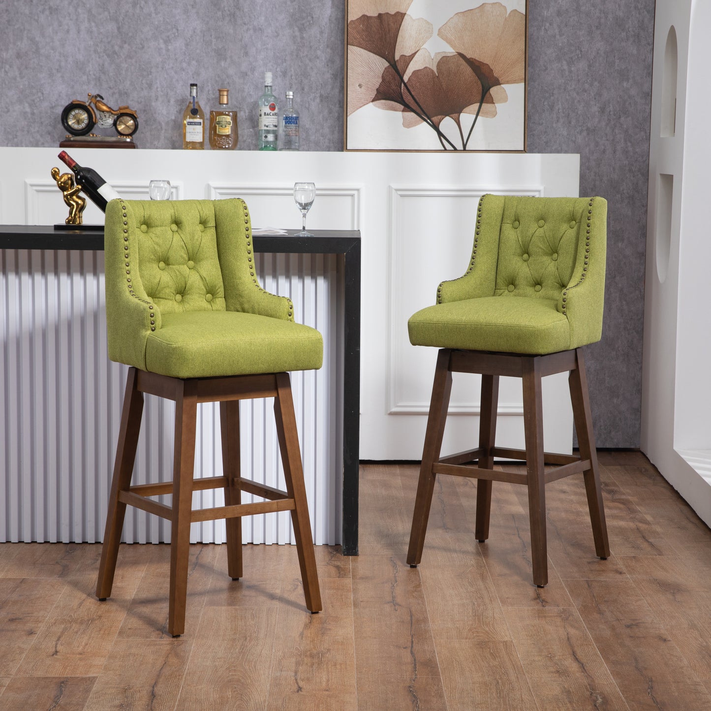 Everton - Set of 2 - 29" Olive Linen Swivel Counter Height Bar Stools with Solid Wood Frame, High Back, and 360° Rotation for Kitchen & Dining Room