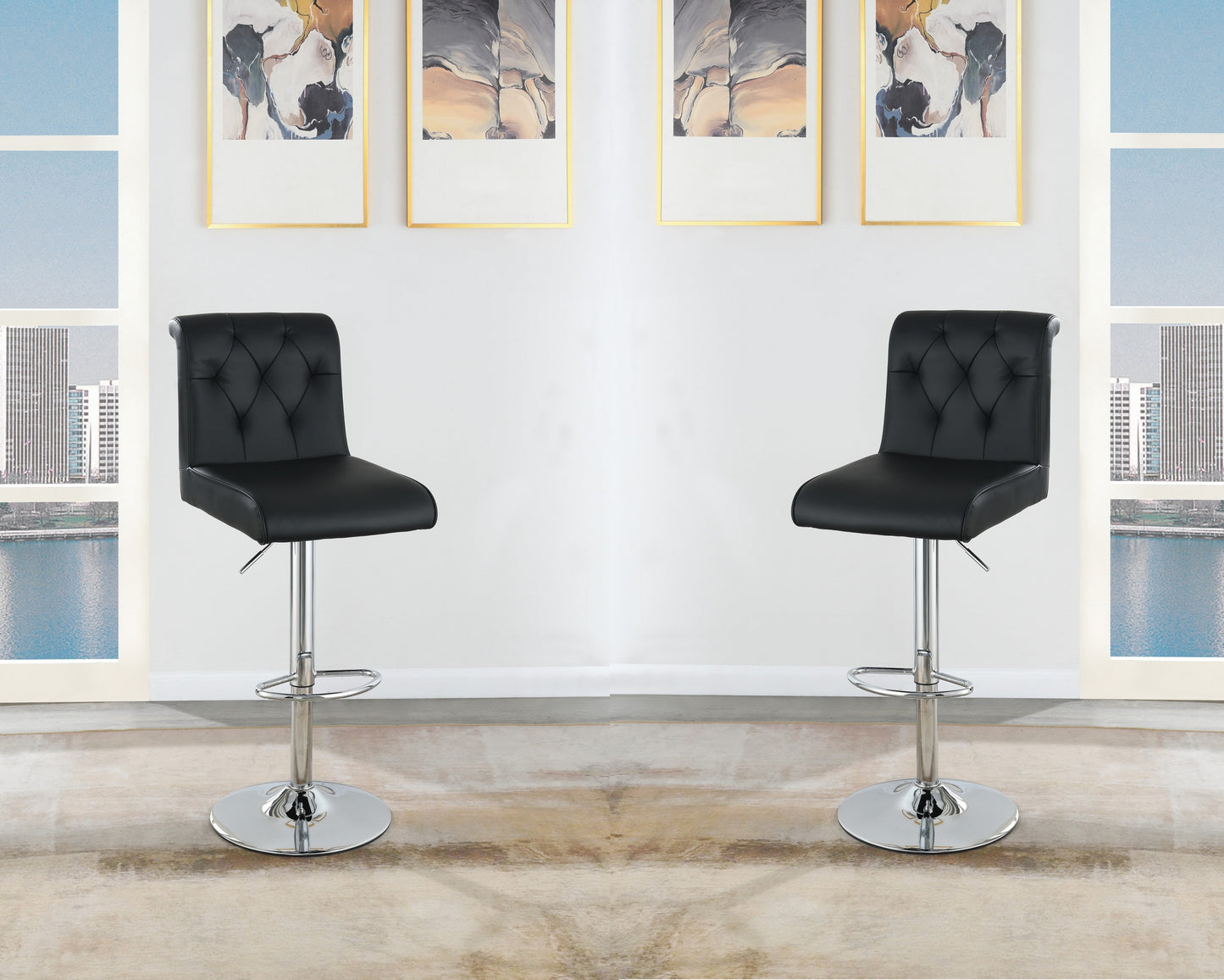 Luent – Set of 2 – 24" Adjustable Black Bar Stools with Tufted Back, Gas Lift, Chrome Base, and Faux Leather Upholstery