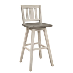 Amandine - Set of 2 - 29" Pub Height Chairs with Distressed Gray and White 360° Swivel, Solid Rubberwood Frame, and Vertical Slat Back