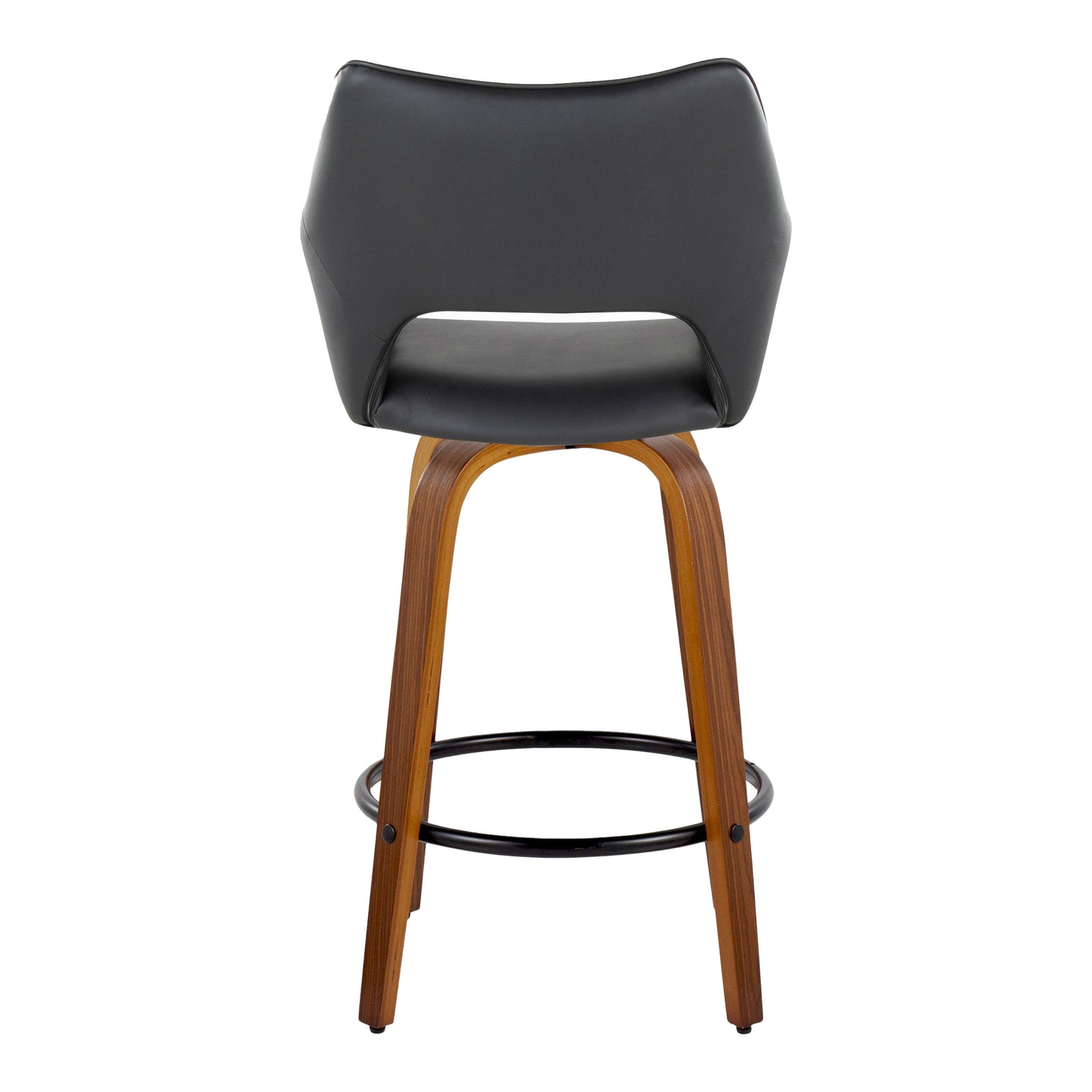 Mustang - Set of 2 - 26" Contemporary Swivel Counter Stools in Walnut Wood and Black Faux Leather with Round Metal Footrest