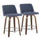 Terelle- Set of 2 - 24" Blue Swivel Mid-Century Modern Counter Stools with Walnut Wood Legs and Chrome Footrest