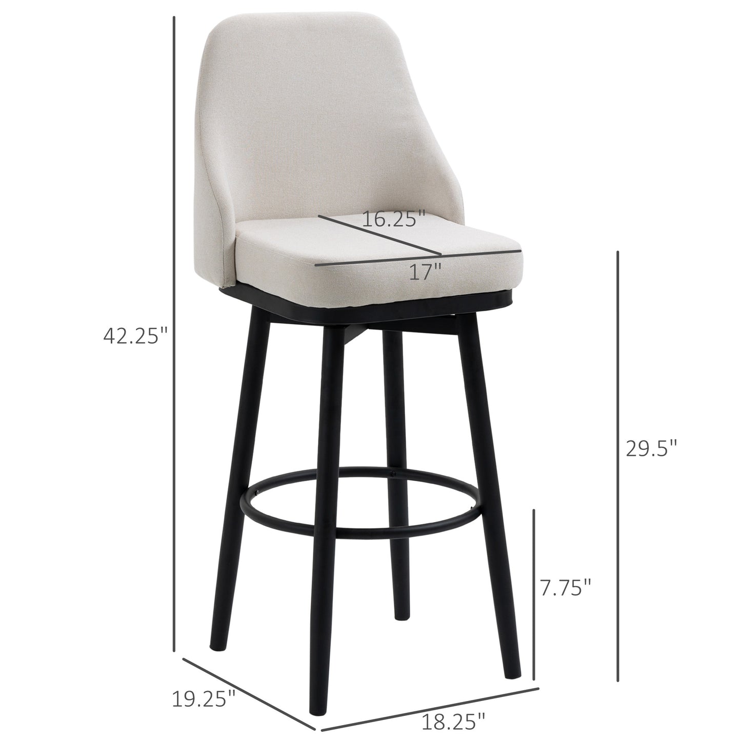 Monteux - Set of 2 - 30" Modern Bar Stools, 360° Swivel Upholstered Bar Chairs with Steel Legs and Footrest, Cream White