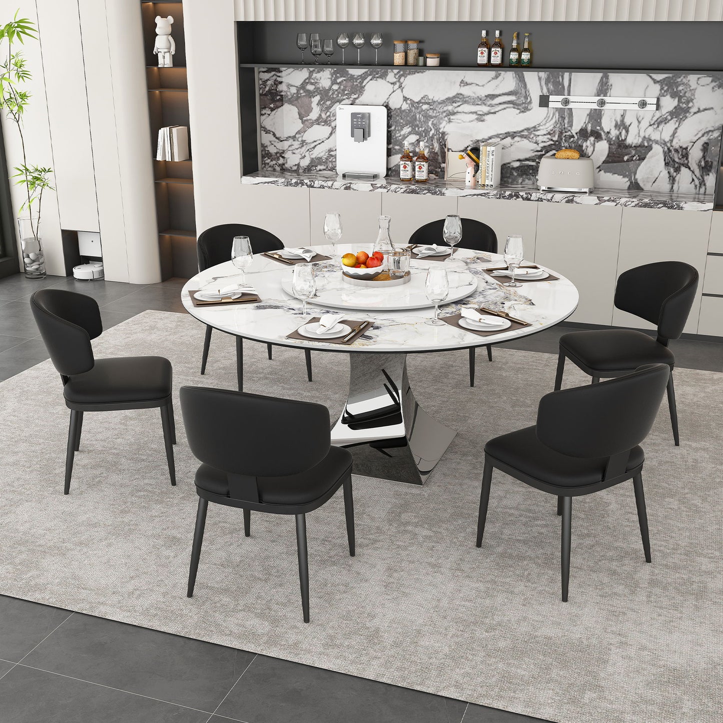 Round Dining Table & 6 Chairs Set - Silver