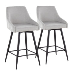 Hann - Set of 2 - 26" Black Swivel Counter Stools with Grey Fabric and Square Metal Footrest