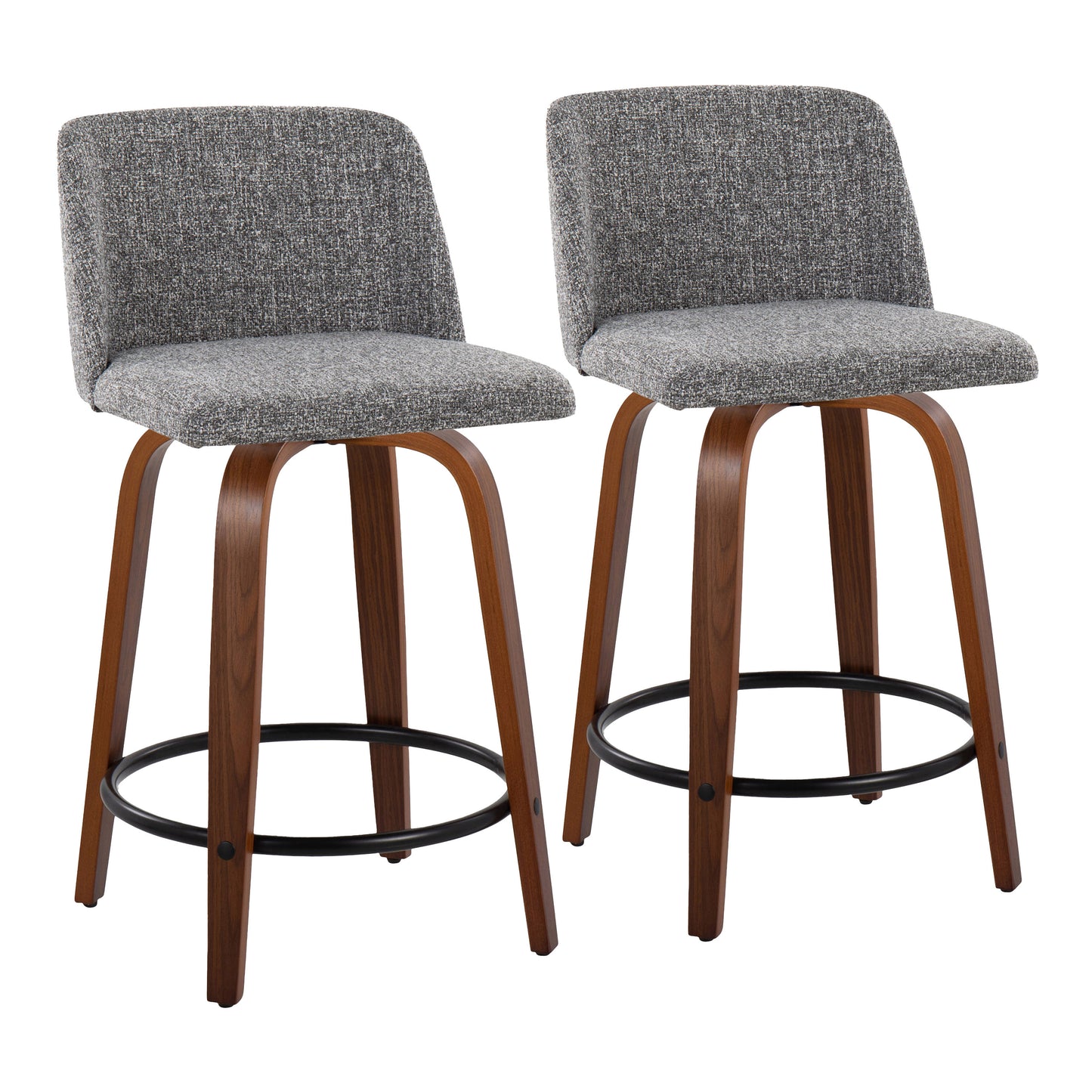 Tanas - Set of 2 - 24" Walnut Mid-Century Modern Swivel Counter Stools with Grey Noise Fabric Seat & Black Metal Footrest