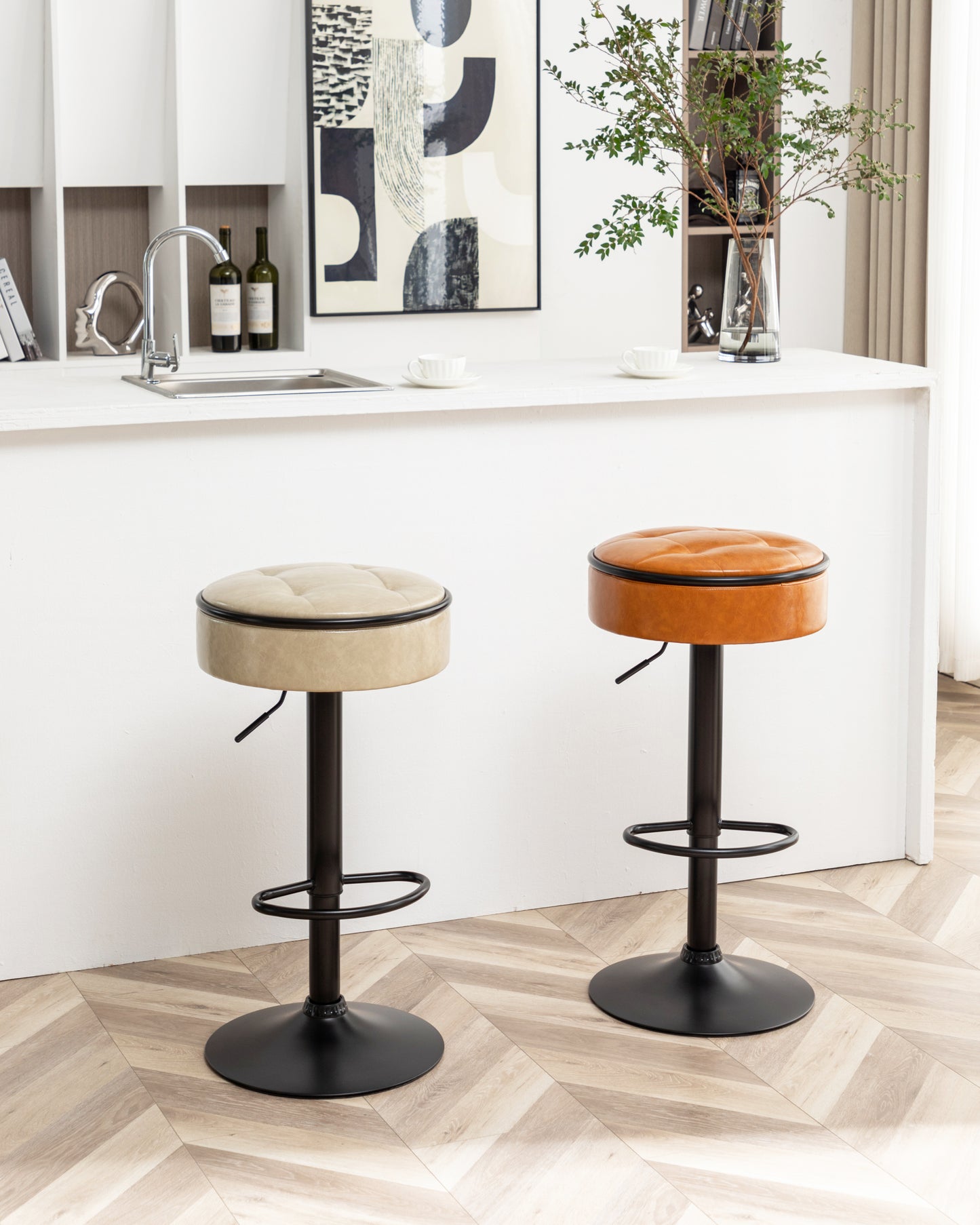 Bella Luxe - Set of 2 - 28" Swivel Khaki Faux Leather Adjustable Round Storage Bar Stools with Metal Frame, Armless Counter Height Chairs for Kitchen & Living Room