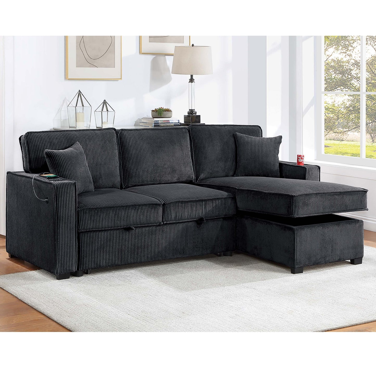 Convertible Sectional With USB / USB - C Port, Storage Chaise, Pull-Out Bed