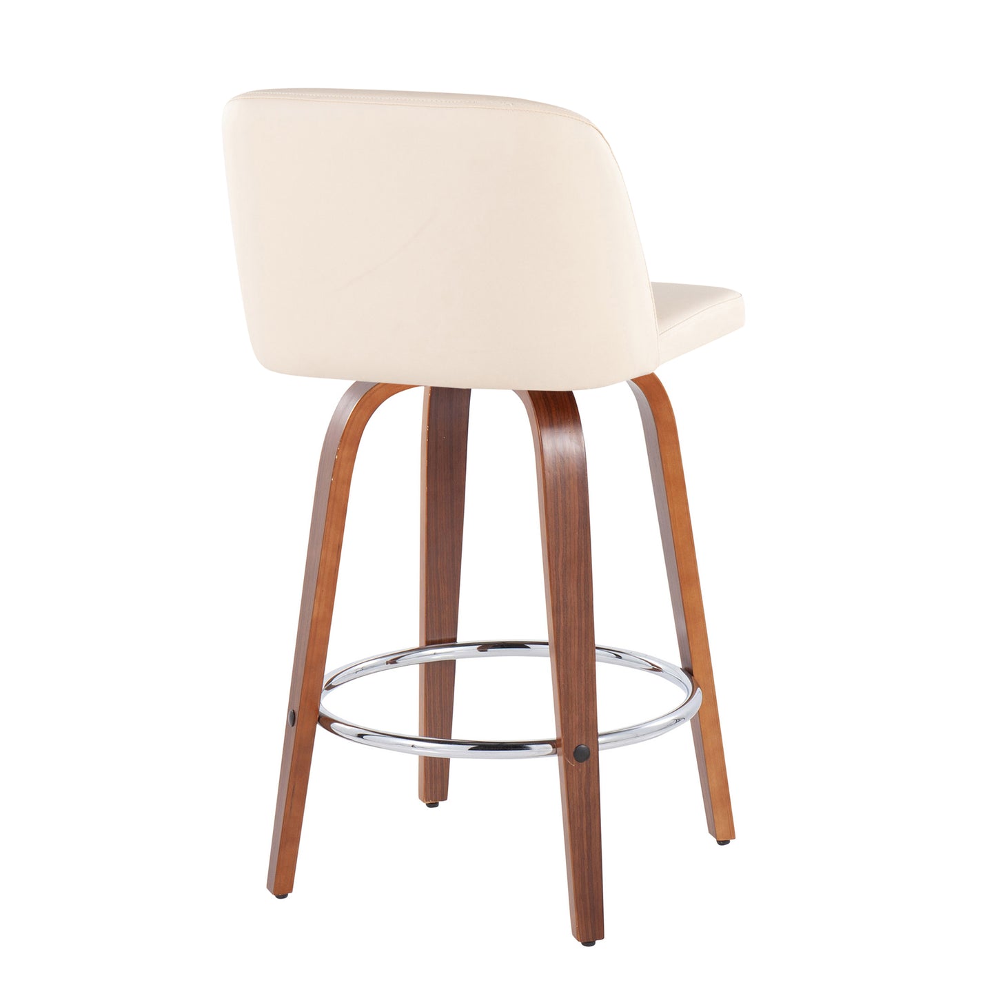 Walden - Set of 2 - 24" Cream Faux Leather Counter Stools with Walnut Wood Base and Chrome Footrest