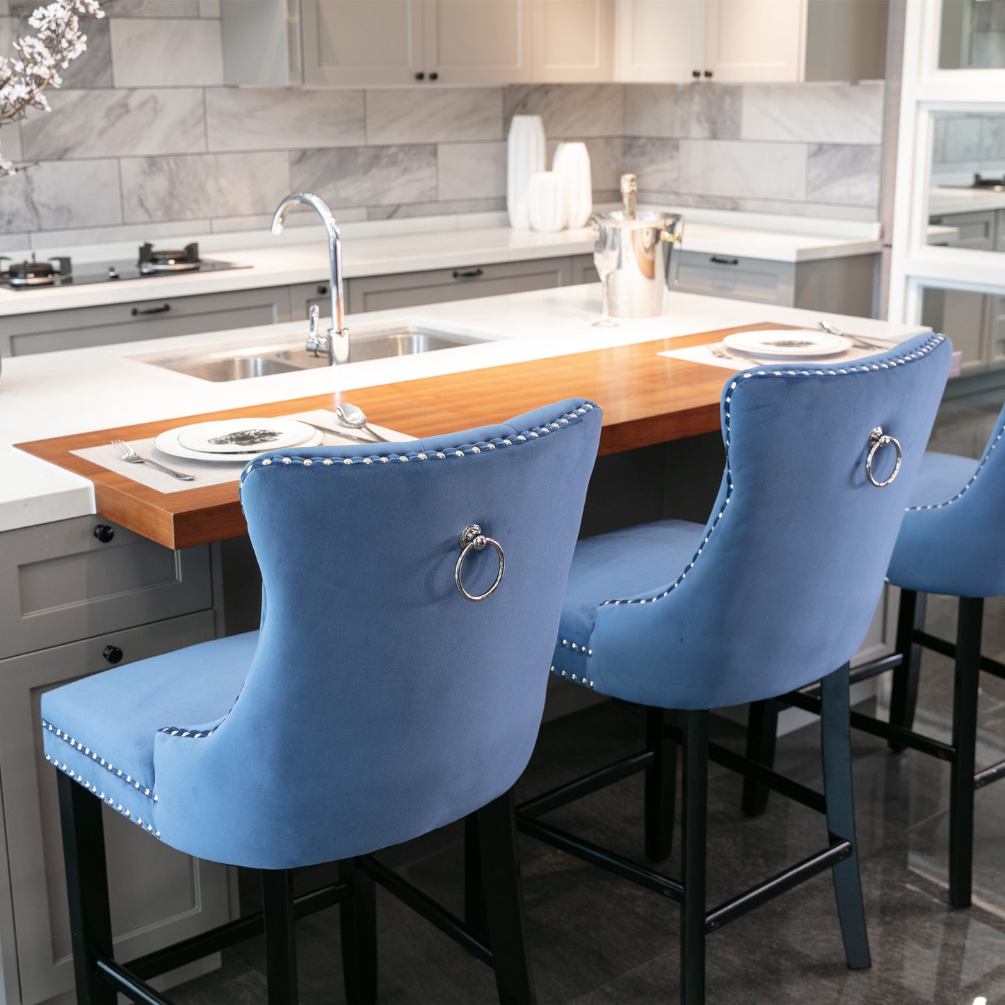 Heliora - Set of 2 - 26" Blue Velvet Upholstered Bar Stools with Button Tufted Design, Chrome Nailhead Trim, and Wooden Legs - Modern American Style