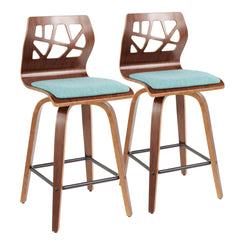 Vireo - Set of 2 - 26" Teal Upholstered Swivel Counter Stools with Walnut Mid-Century Modern Frame