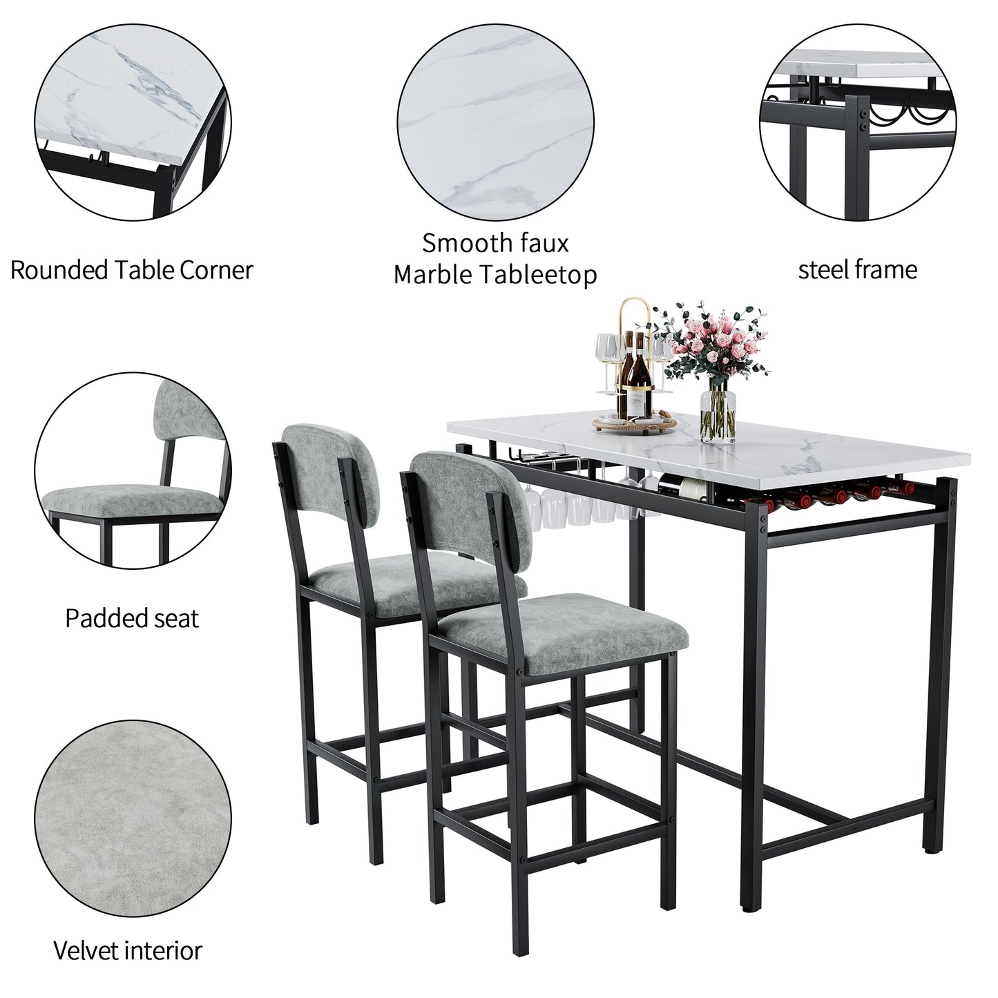 Hadria - Set of 2 - 28"  Gray Bar Table Set with 2 Upholstered Chairs, Compact Dining Table for Small Spaces, Rustic Pub and Breakfast Nook