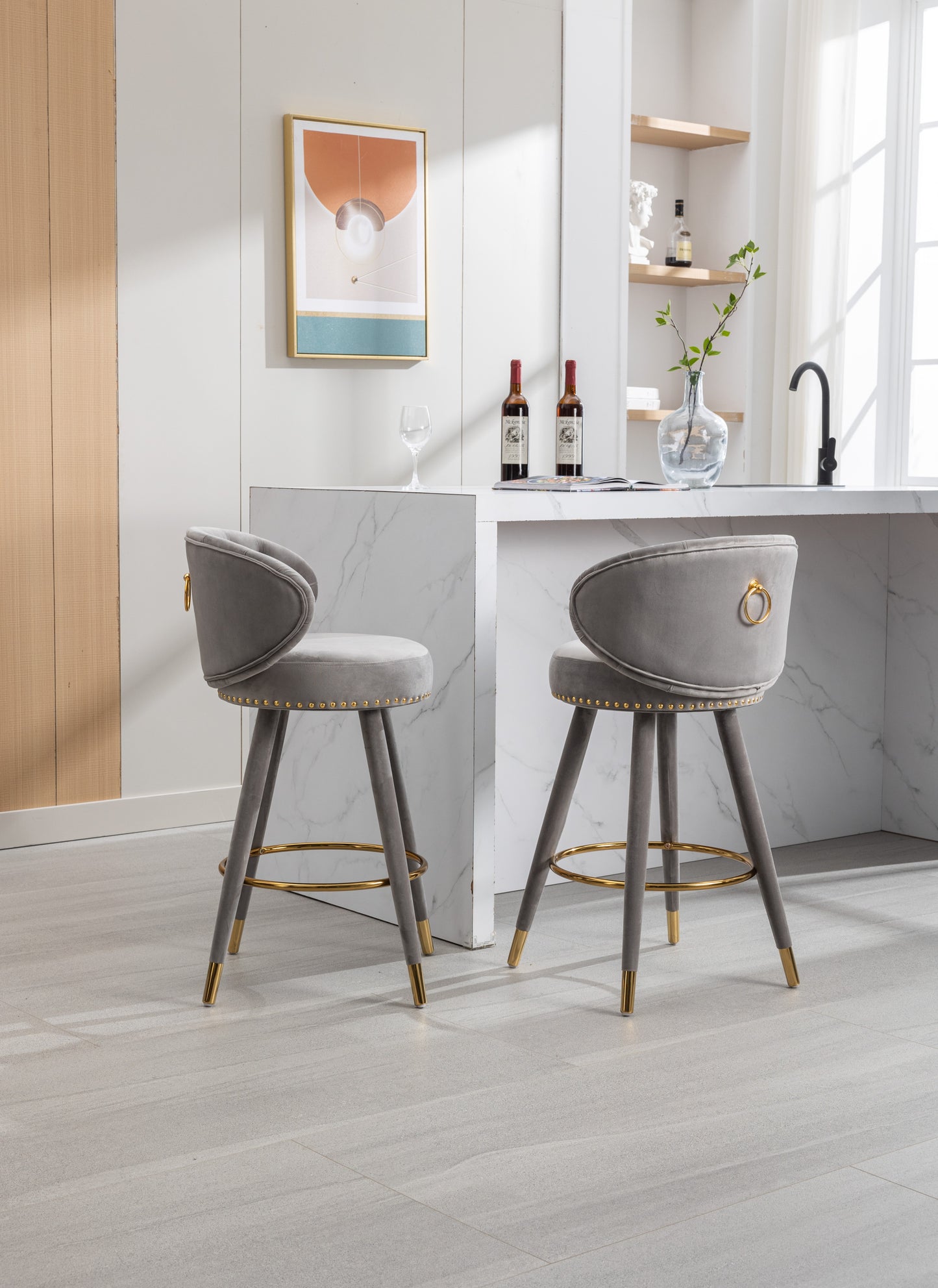 Luthiana - Set of 2 - 28" Gray Velvet Counter Height Bar Stools with 360° Swivel, Backrest, Footrest, and Solid Wood Legs