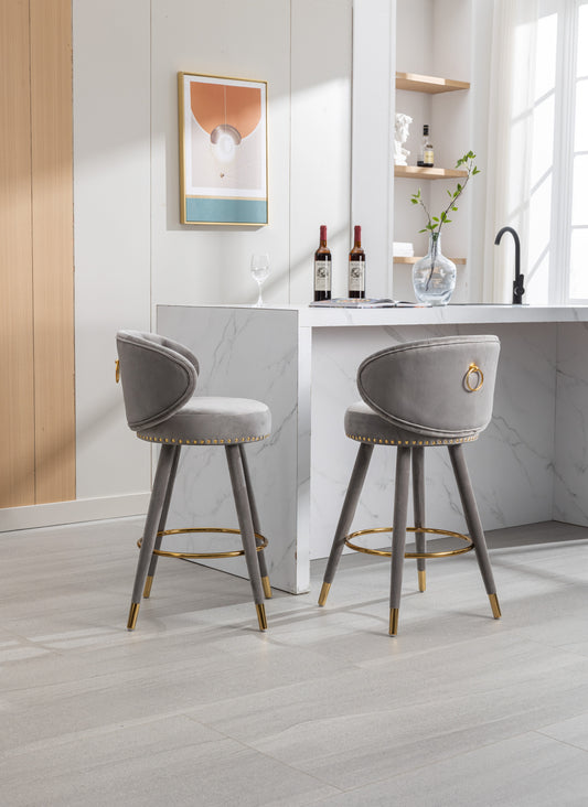 Luthiana - Set of 2 - 28" Gray Velvet Counter Height Bar Stools with 360° Swivel, Backrest, Footrest, and Solid Wood Legs