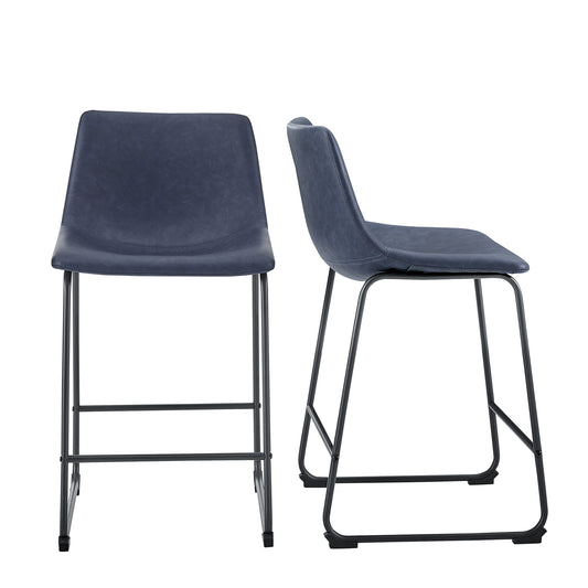 Meinroe - Set of 2 - 24” - Navy Faux Leather Industrial Counter Stools with Curved Back