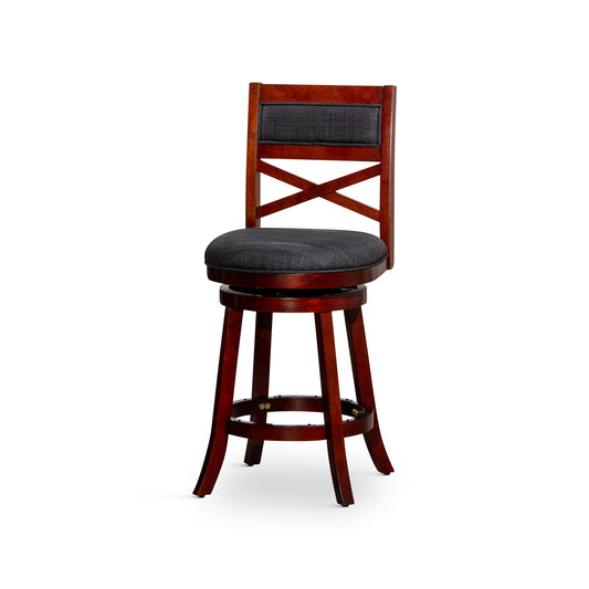 Radiance - Set of 2 - 24" Counter Height X-Back Swivel Stools, Cherry Finish, Charcoal Fabric Upholstered Seat