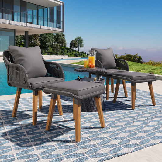 Louvre - Set of 5 - Grey Rope Patio Furniture Set with Pop-Up Cool Bar Table, Ottomans, and Club Chairs