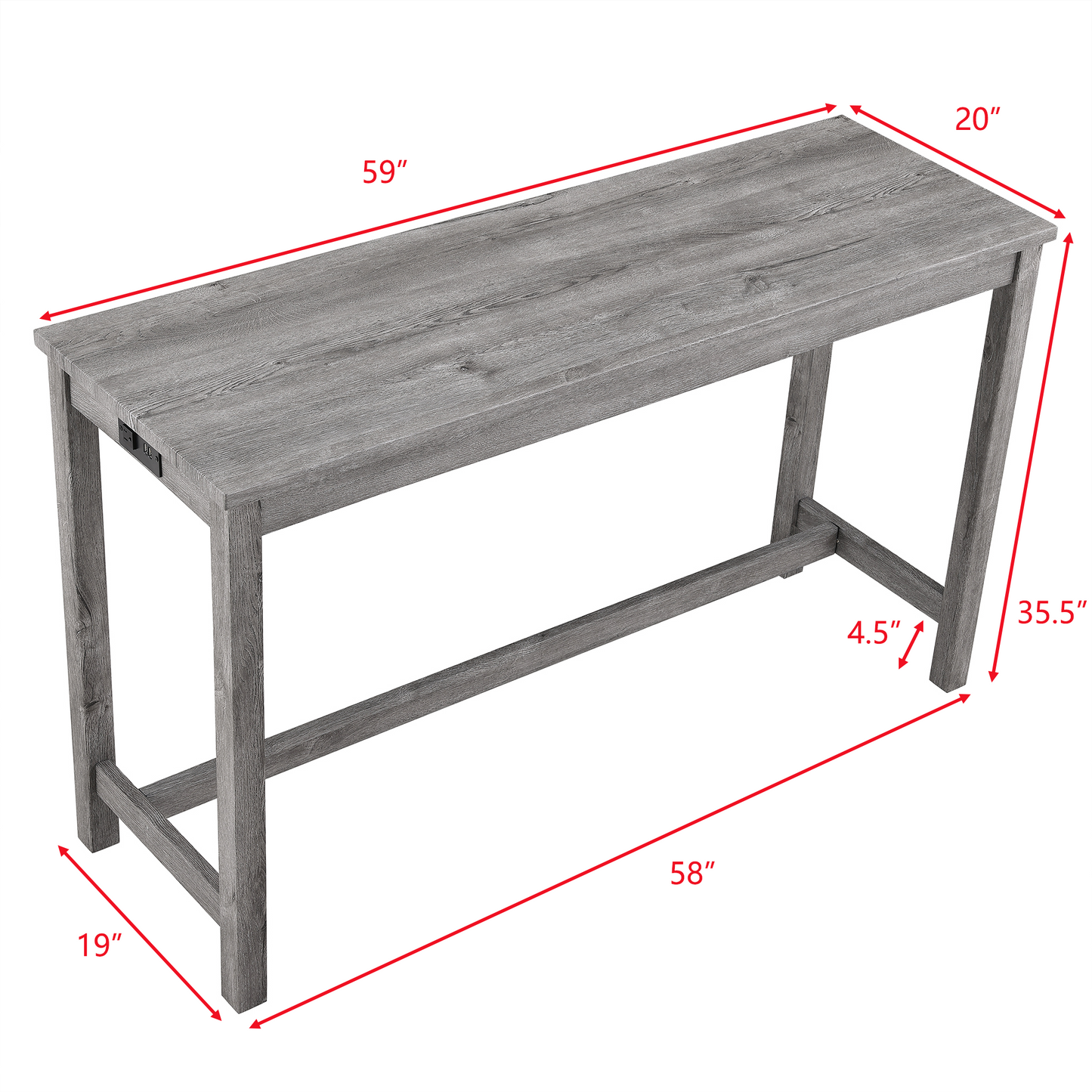 Edmonia - Set of 4 - 24.25" Industrial Bar Table Set - Gray Solid Wood Dining Table with Power Outlet and Ergonomic Bar Stools