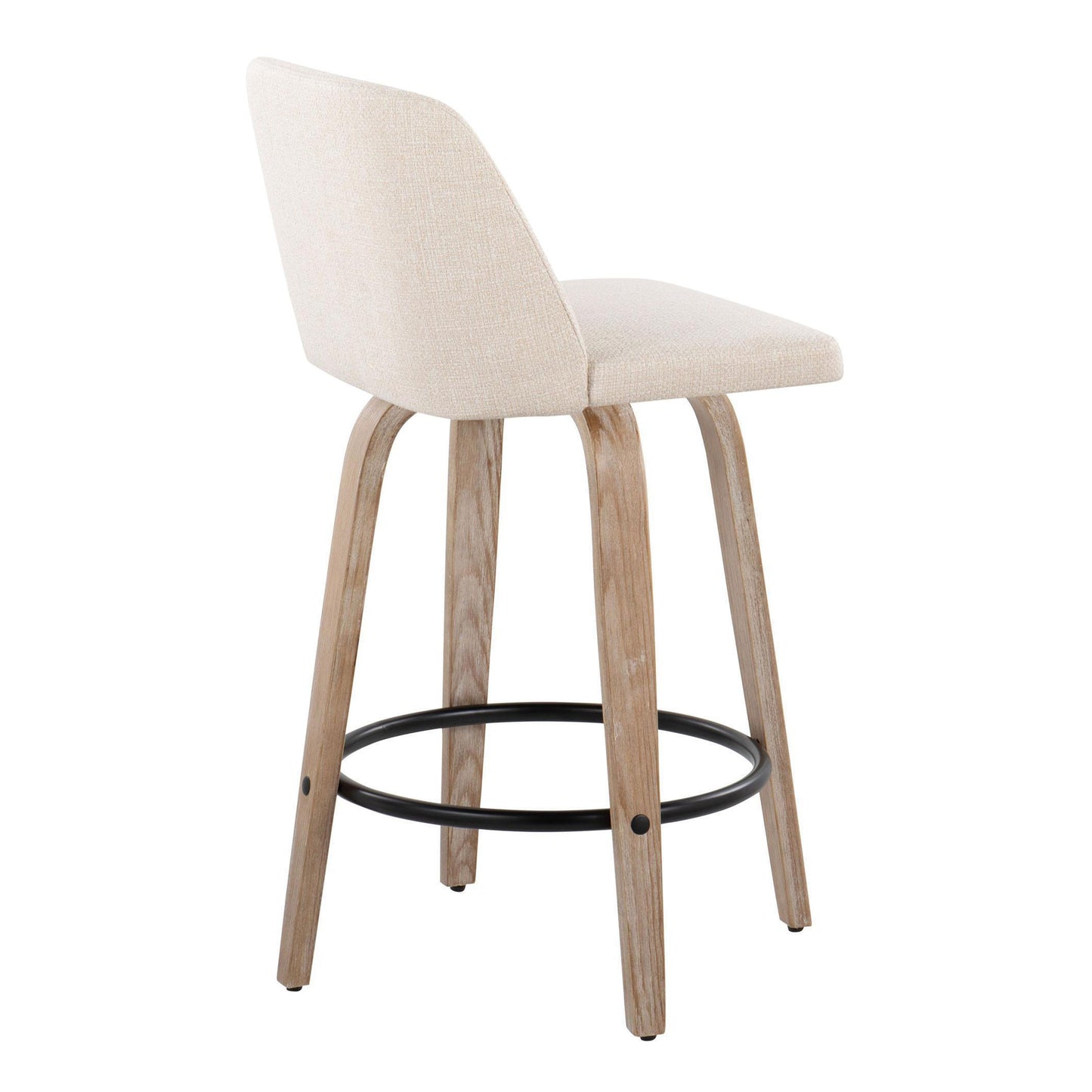 Nolan - Set of 2 - 24" Mid-Century Modern Counter Stools with Swivel Seats, White-Washed Wood Frame, Cream Fabric Upholstery, and Black Metal Footrest