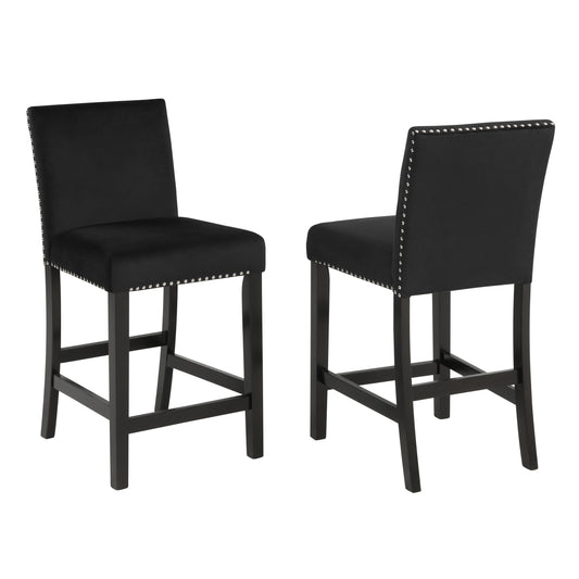 Saffi - Set of 2 - 24" Black Velvet Counter Stools with Nailhead Trim and Espresso Wood Legs