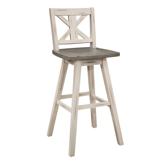 Anabella - Set of 2 - 29" Distressed Gray & White 360° Swivel X-Back Pub Chairs with Solid Rubberwood Frame and Rustic Bar Height Design