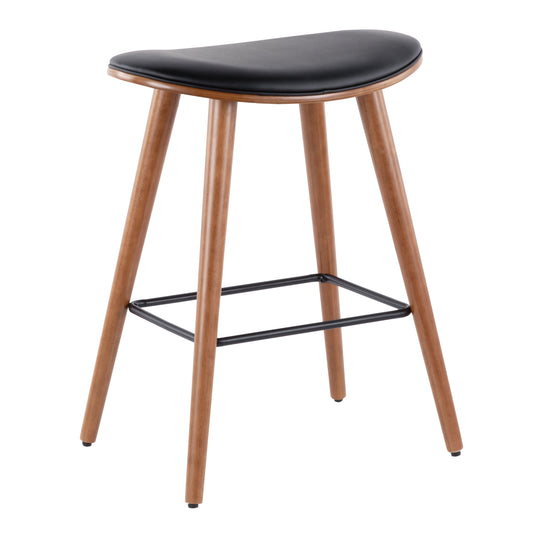 Simonea -Set of 2 – 26" Mid-Century Modern Counter Stools in Walnut & Black Faux Leather, Stylish & Comfortable Kitchen or Bar Seating