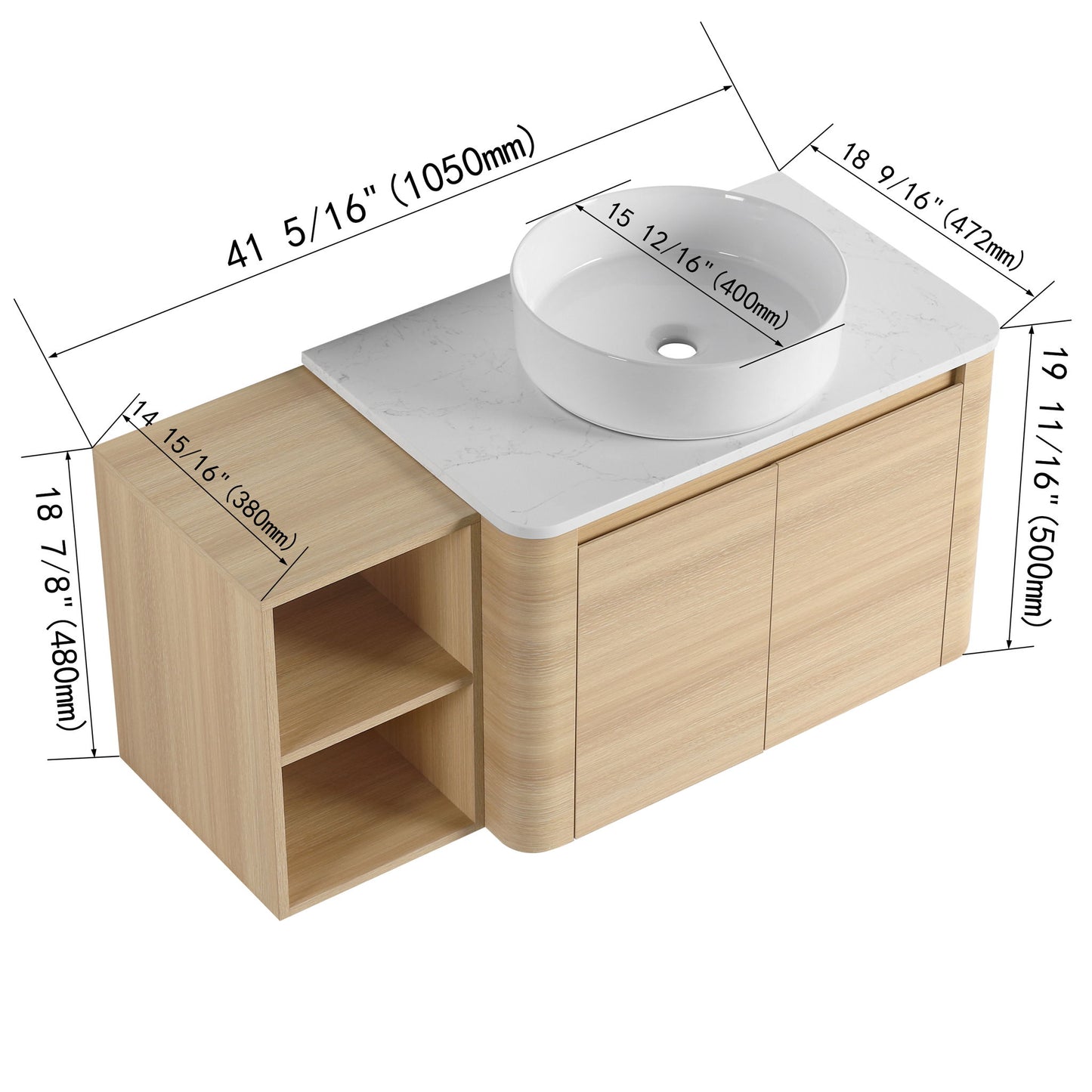 Mounted Bathroom Vanity With Art Sink, Storage Shelves, Soft Close Door