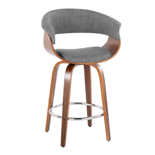 Merce - Set of 2 - 26" Walnut Wood & Light Grey Fabric Swivel Counter Stools with Chrome Footrest