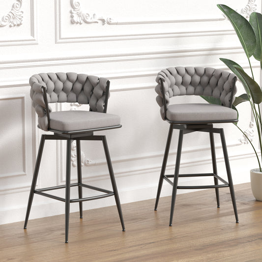 Rubicon - Set of 4 - 28" Linen Bar Chairs Grey Upholstered Swivel Stools with Woven Back Black Legs and Footrest