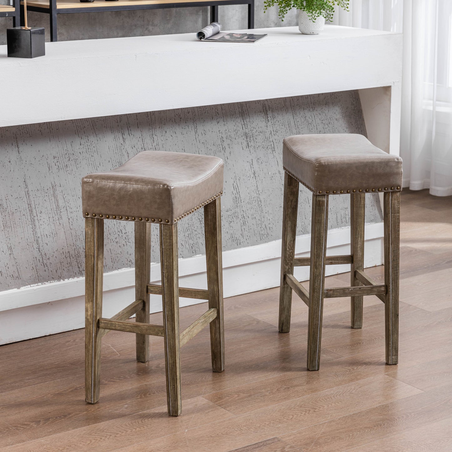 Sterling - Set of 2 - 29" Gray Counter Height Backless Faux Leather Bar Stools for Kitchen Island