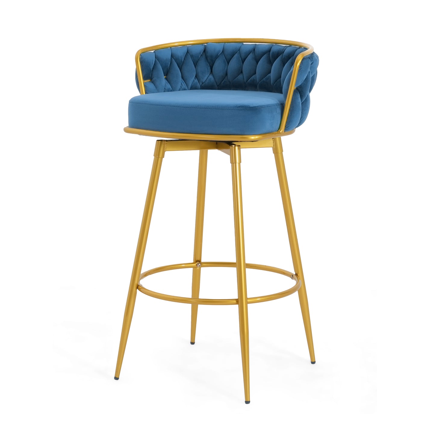 Lyma - Set of 2 - 30" Swivel Counter Height Bar Stools with Hand-Woven Backrest & Gold Metal Legs, Upholstered Velvet Kitchen Chairs in Blue