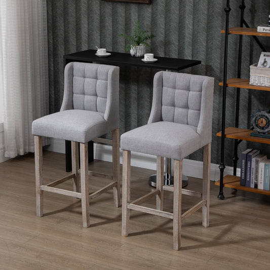 Kamille - Set of 2 - 30.25" Grey Tufted Upholstered Bar Stools with Back, Seat Height, Rubber Wood Legs, Modern Design for Kitchen & Dining Room