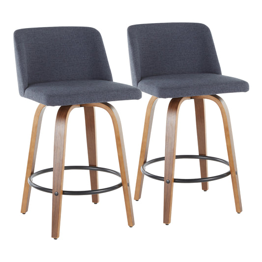 Torin - Set of 2 - 26" Walnut & Blue Mid-Century Modern Counter Stools