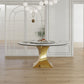 Luxury Round 59" Sintered Stone Dining Table With Stainless Steel Hourglass Base, Scratch & Heat Resistant Surface - Golden / White