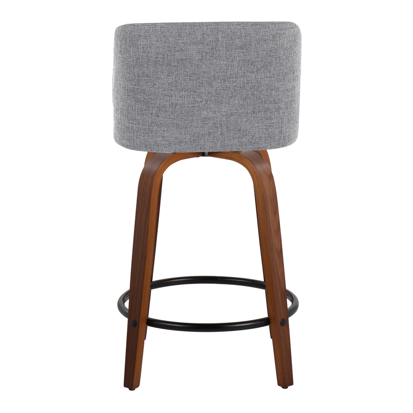 Timara - Set of 2 - 24'' Mid-Century Modern Counter Stools with Swivel, Walnut Wood Frame, Grey Fabric Upholstery, and Black Metal Footrest