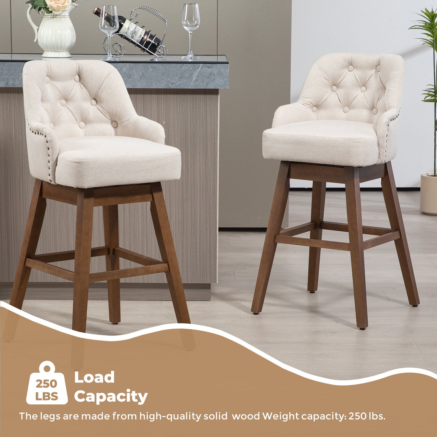 Hearth - Set of 2 - 29" Beige Linen Swivel Bar Stools with High Back and Solid Wood Legs