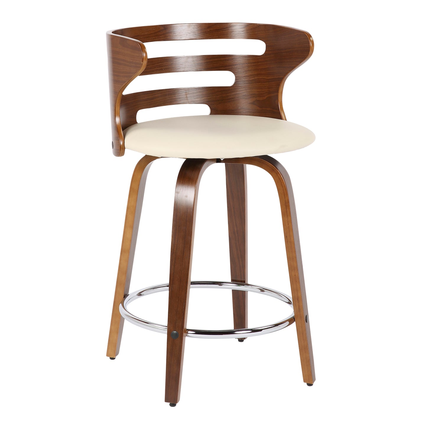 Crystelle - Set of 2 - 28" Mid-Century Modern Counter Stool, 360° Swivel, Walnut Wood & Cream Faux Leather, 18” W x 18” L x 31.75” H