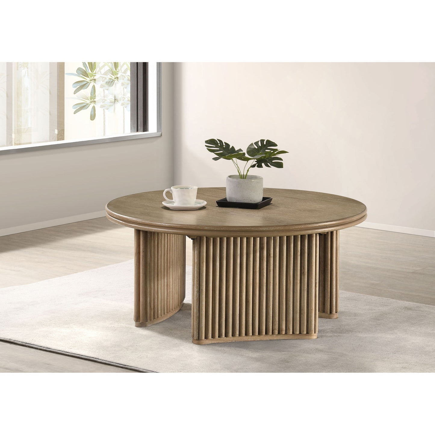 Dreydon - Round Coffee Table With Curved Pedestal Base - Light Brown