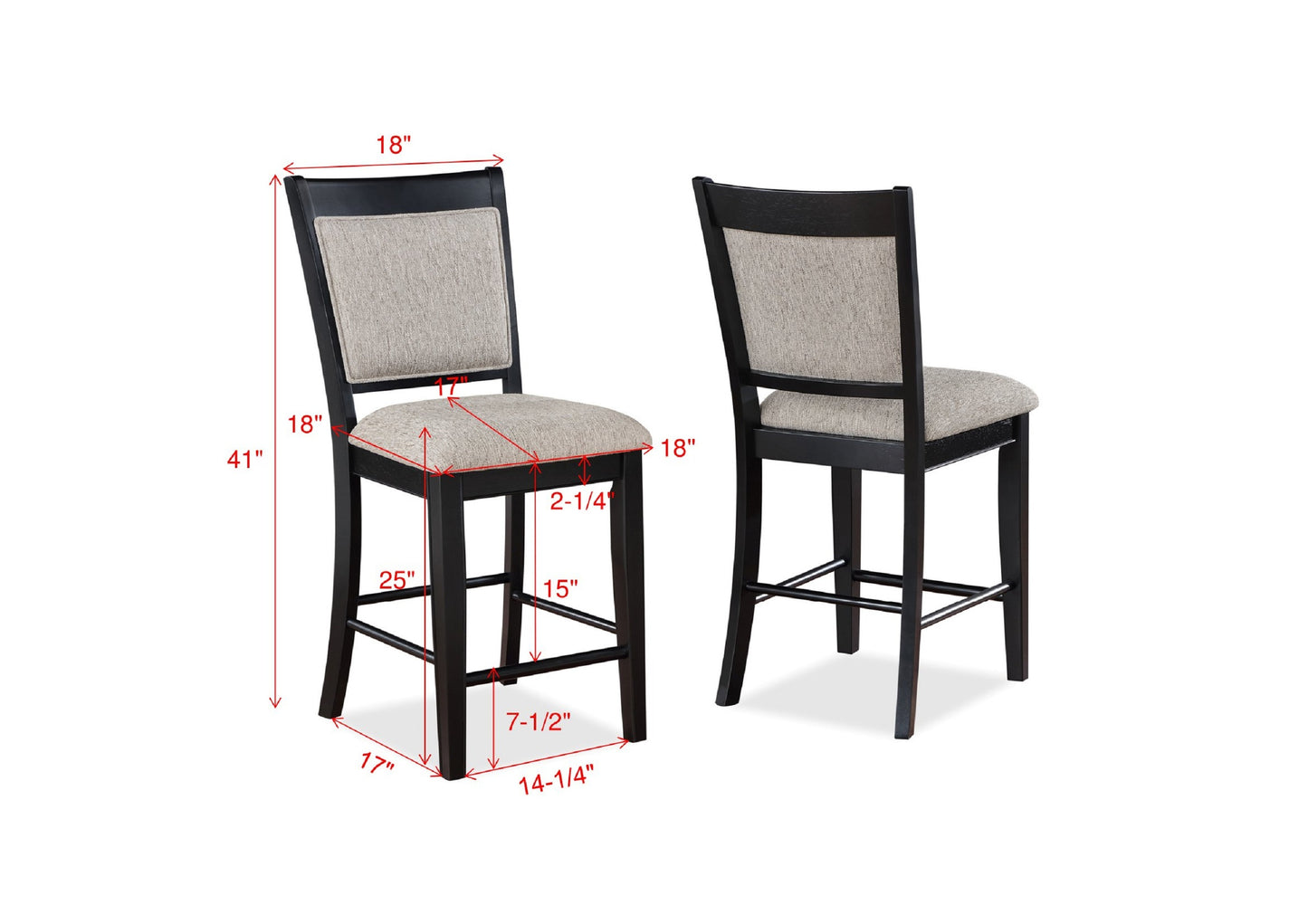 Huxe - Set of 2 - 24” Black and Light Gray Upholstered Counter Height Chairs with Footrest and Wooden Tapered Legs