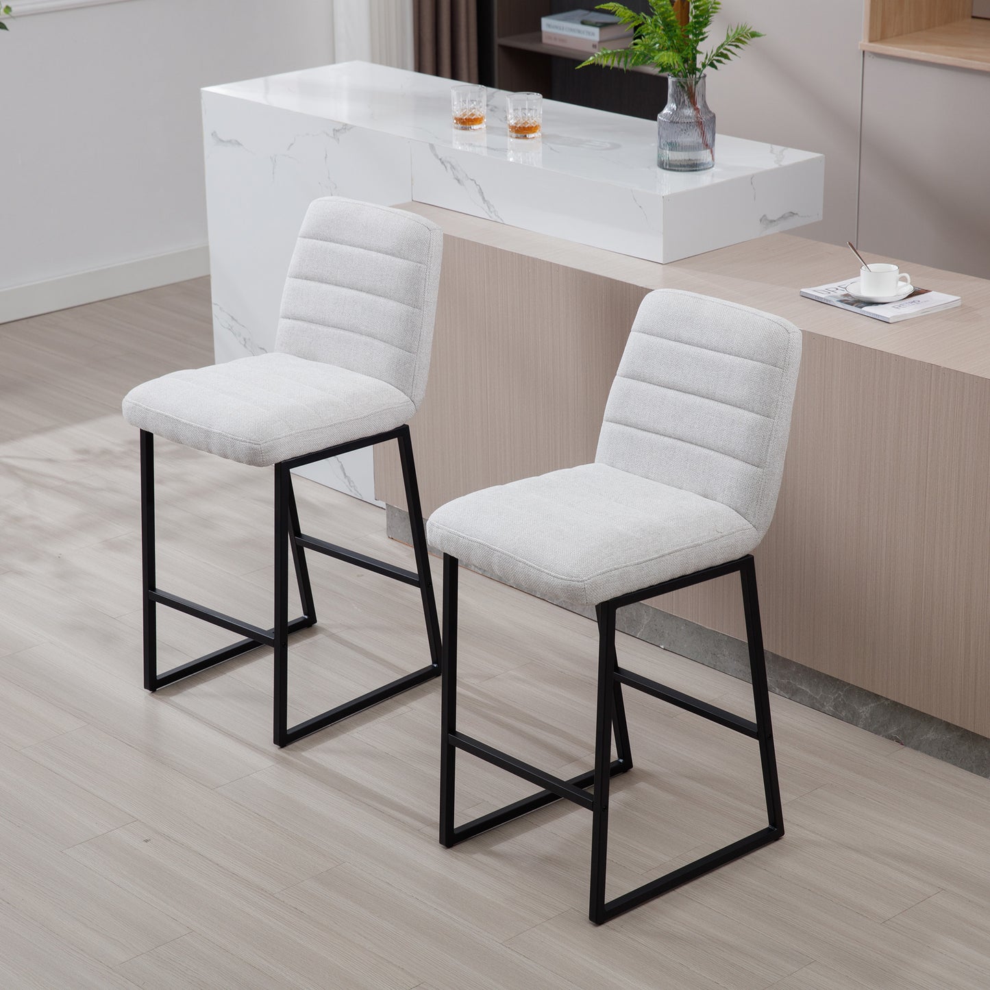 Fluxion - Set of 2 - 27" Beige Modern Linen Bar Stools Comfortable Upholstered Seating with Metal Footrest