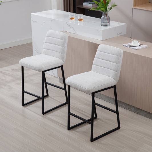 Fluxion - Set of 2 - 27" Beige Modern Linen Bar Stools Comfortable Upholstered Seating with Metal Footrest