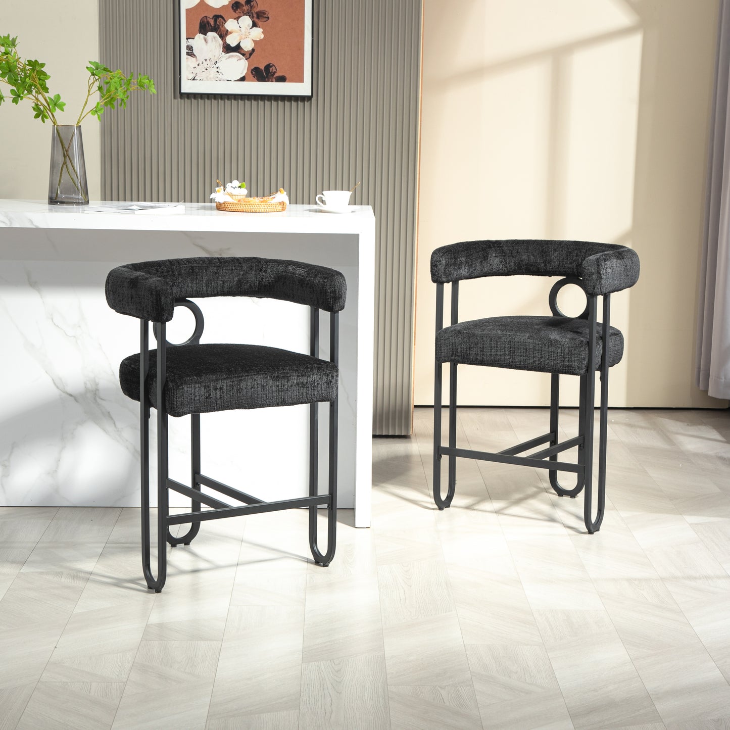 Lynsandra - Set of 2 - 24" Black Chenille Upholstered Bar Stools with Curved Backrest and Black Metal Legs