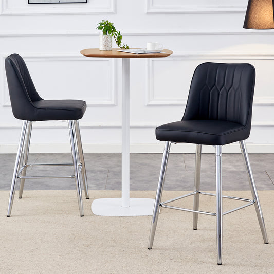 Evelyn - Set of 2 - 29"  Black Bar Stools with Silver Metal Legs and Cross Reinforcement