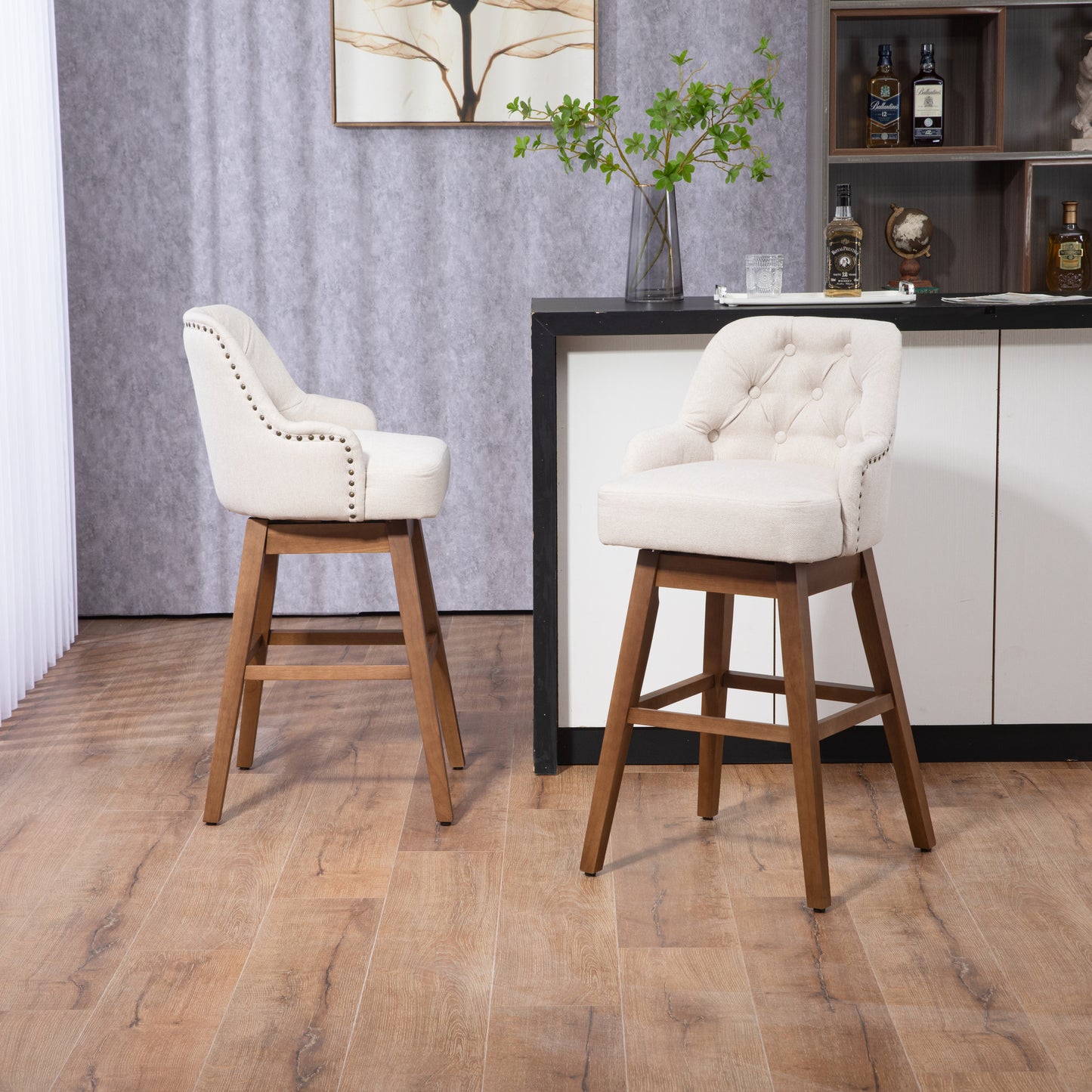 Hearth - Set of 2 - 29" Beige Linen Swivel Bar Stools with High Back and Solid Wood Legs