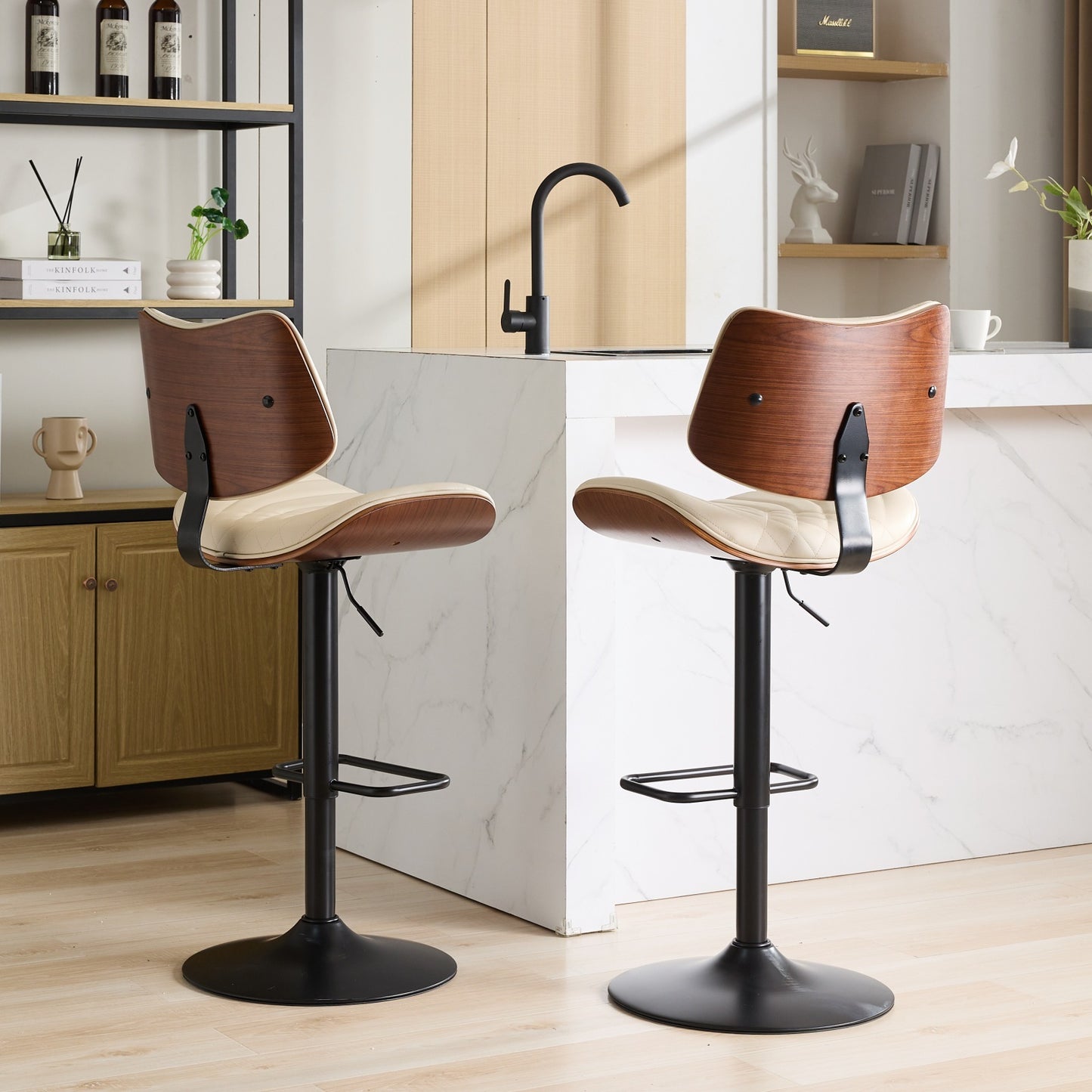 Stafan - Set of 2 - 24" Walnut Bentwood Bar Stools, Mid-Century Modern Adjustable Counter Height, Black Faux Leather Upholstered, 360° Swivel for Kitchen Island/Dining Room, Beige