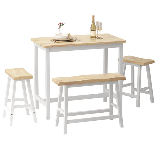 Harvord - Set for 4 -  24" Dining Table - Set of 2 Stools & Bench - Natural & White Rubber Wood, Counter Height Bistro Set for Small Space