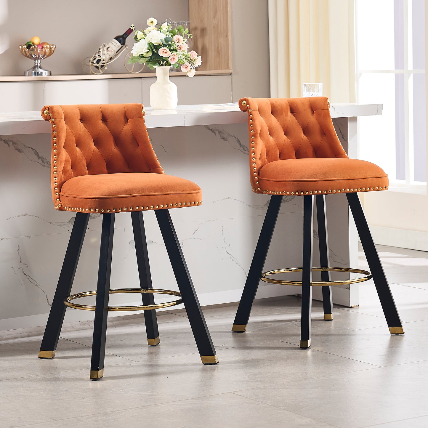 Sapphire - Set of 2 - 26" Velvet Bar Stools with Back Pull Design, Rivet Decoration, 360° Rotation, Wooden Legs for Kitchen or Dining Room