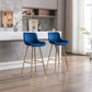 Havrynn - Set of 2 - 30" Blue Velvet Counter Stools with Golden Legs and Chrome Footrest, Modern Design