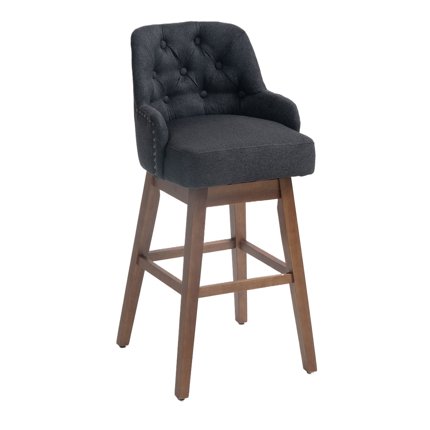 Vianna- Set of 2 - 30" Black Linen Counter Height Bar Stools with Button-Tufted Design, 360° Swivel, and Solid Wood Legs